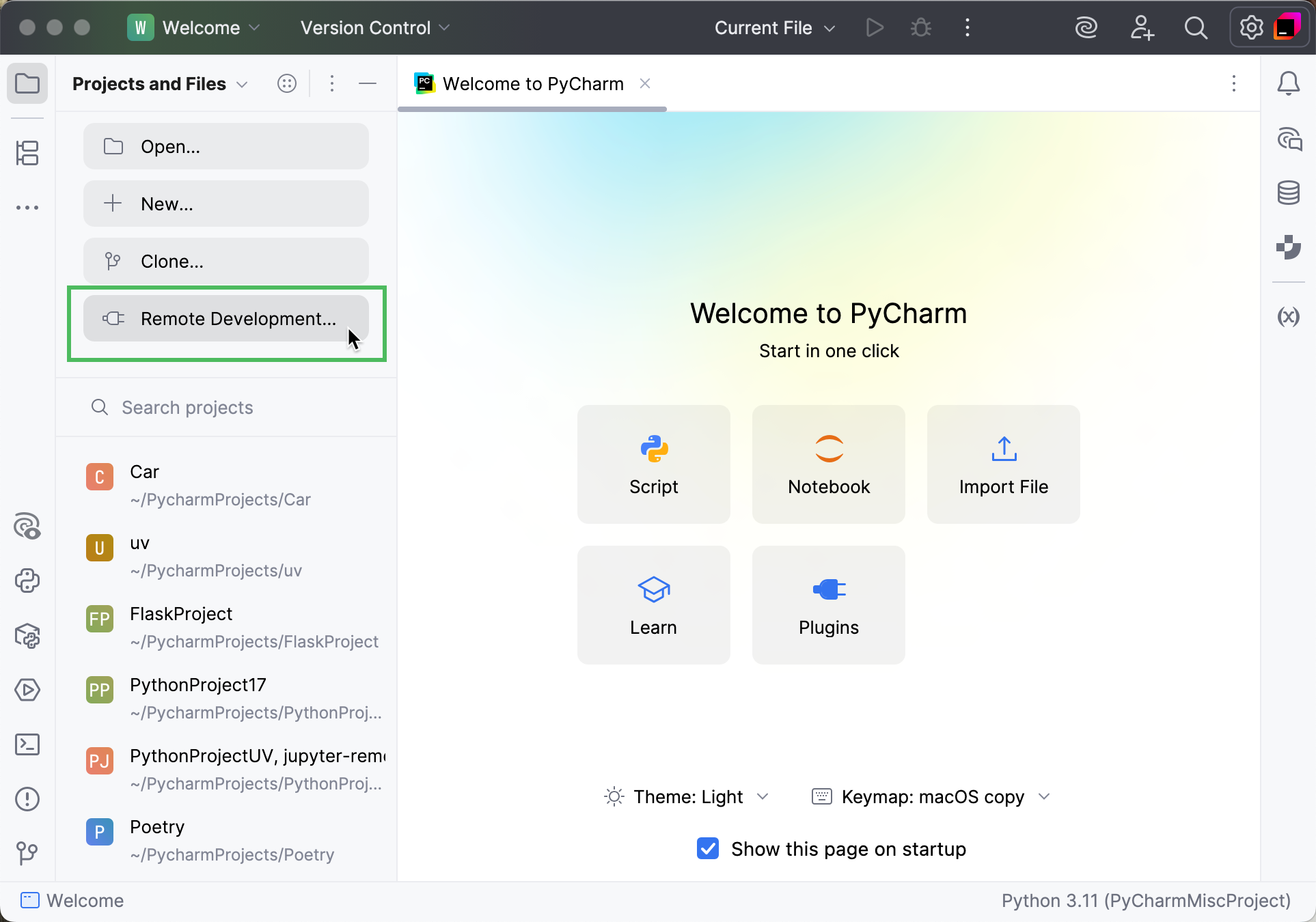 Configuring remote development settings on Welcome screen
