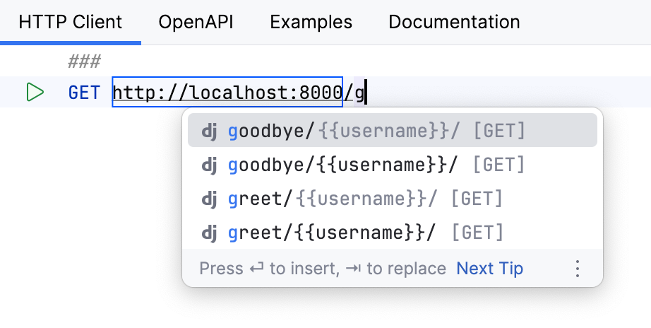 Code completion in the HTTP client Code completion in the HTTP client