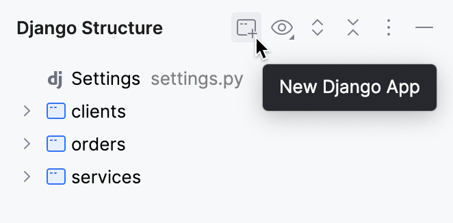 Creating a Django app in the Django Structure tool window Creating a Django app in the Django Structure tool window
