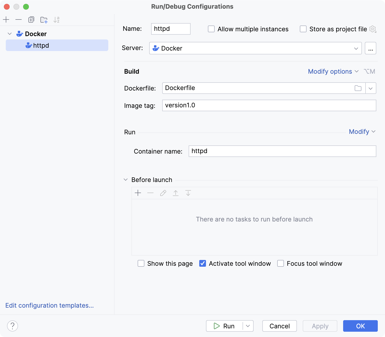 Dockerfile run configuration dialog Dockerfile run configuration dialog