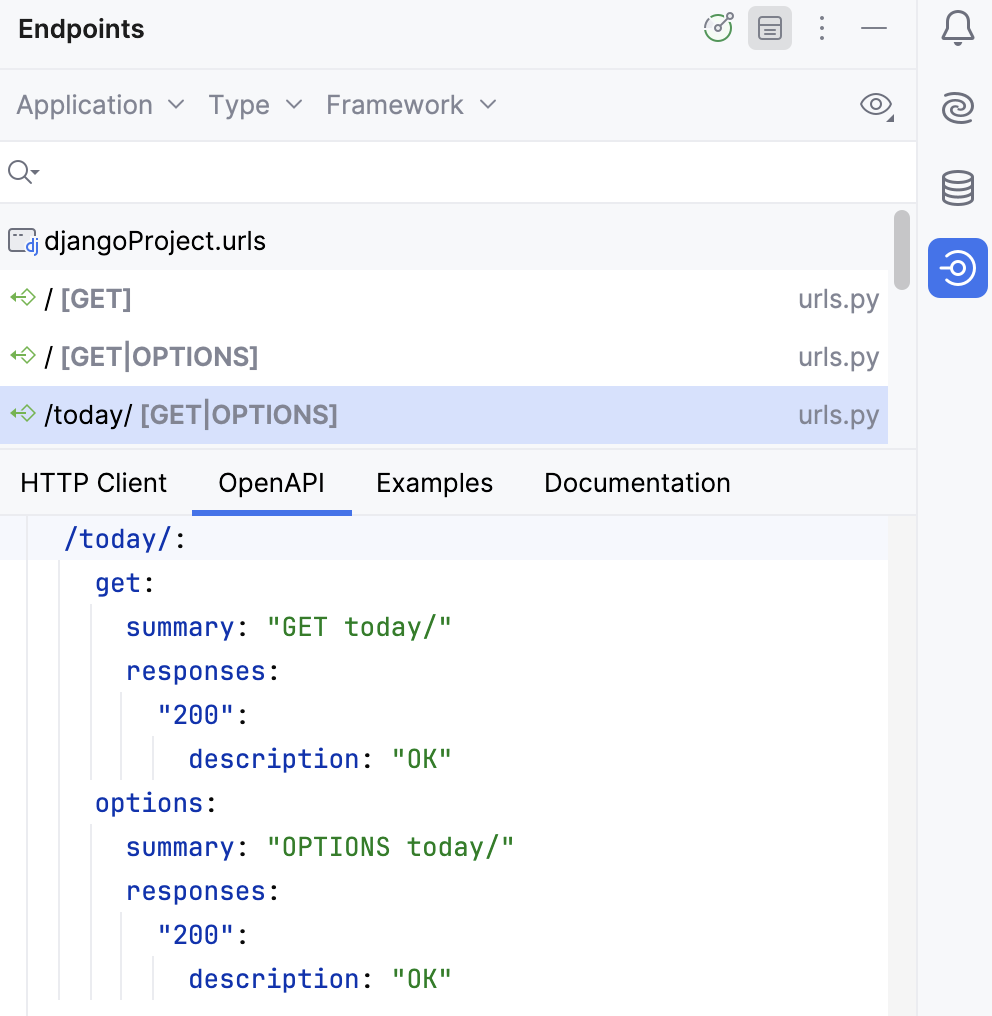 エンドポイントツールウィンドウ: OpenAPI タブ