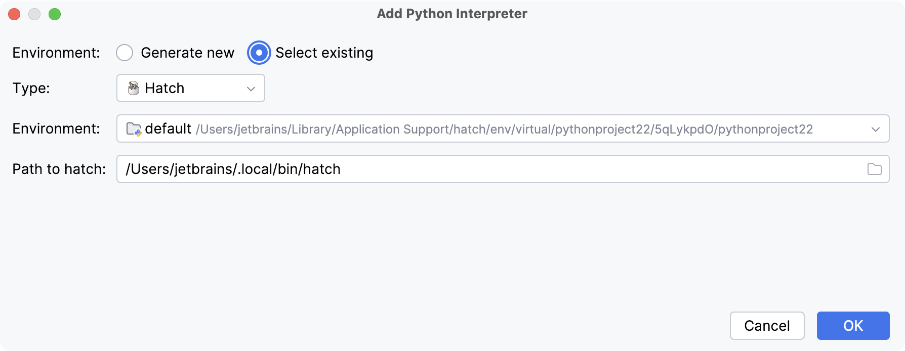 Select existing Hatch environment Select existing Hatch environment
