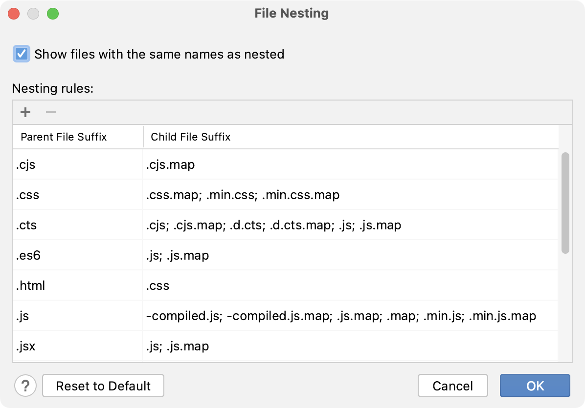 the File Nesting dialog the File Nesting dialog
