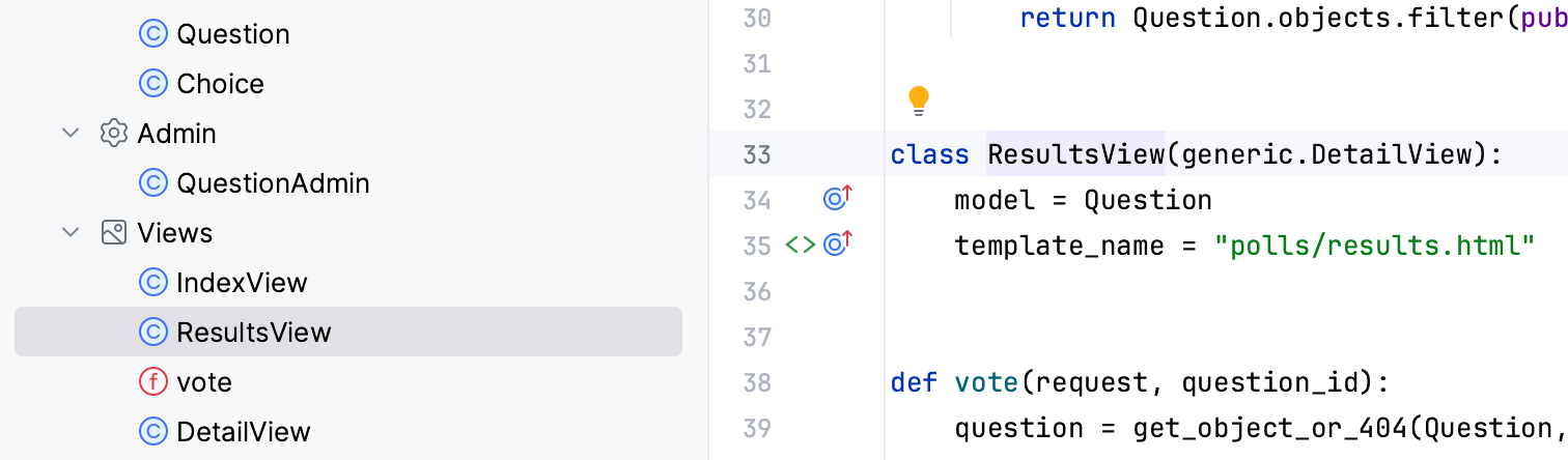 Jumping to a Django component from the Django Structure tool window Jumping to a Django component from the Django Structure tool window