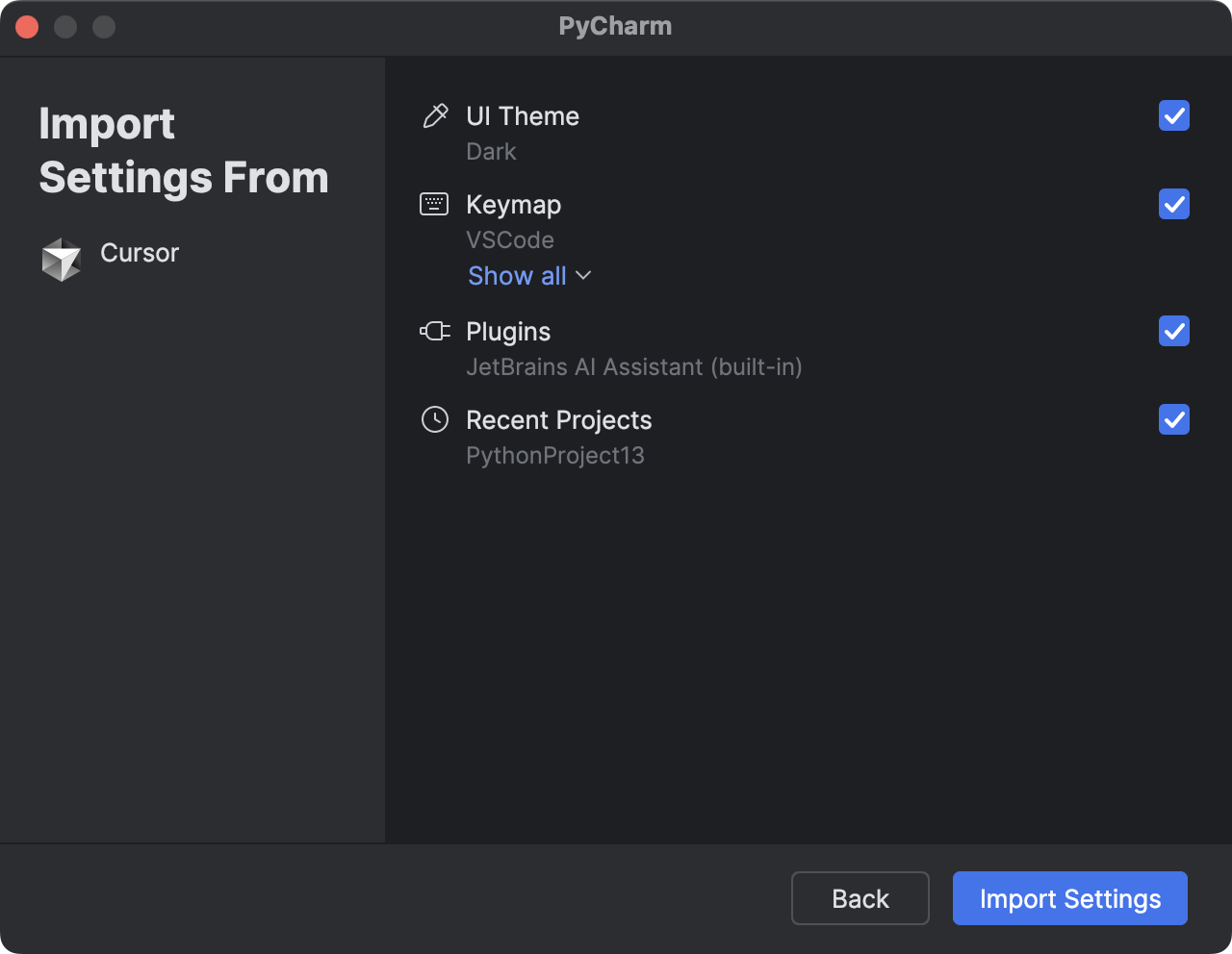 Cursor settings selection Cursor settings selection