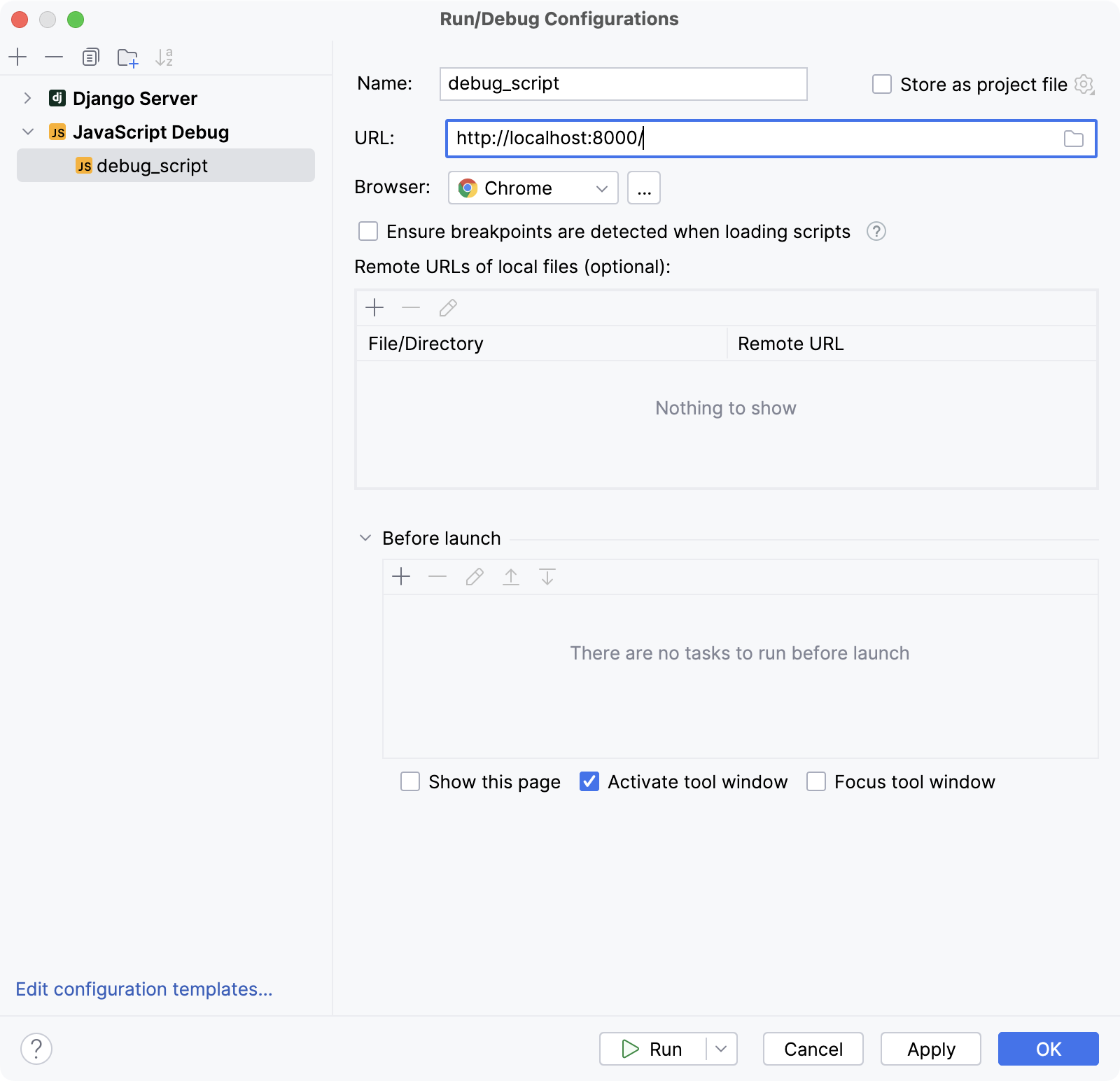 JavaScript Debug run configuration JavaScript Debug run configuration