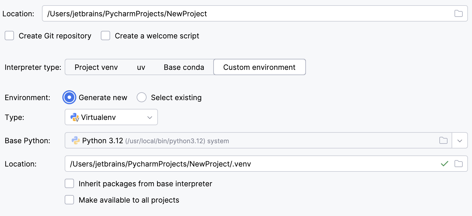 Custom environment options for the new Python project Custom environment options for the new Python project