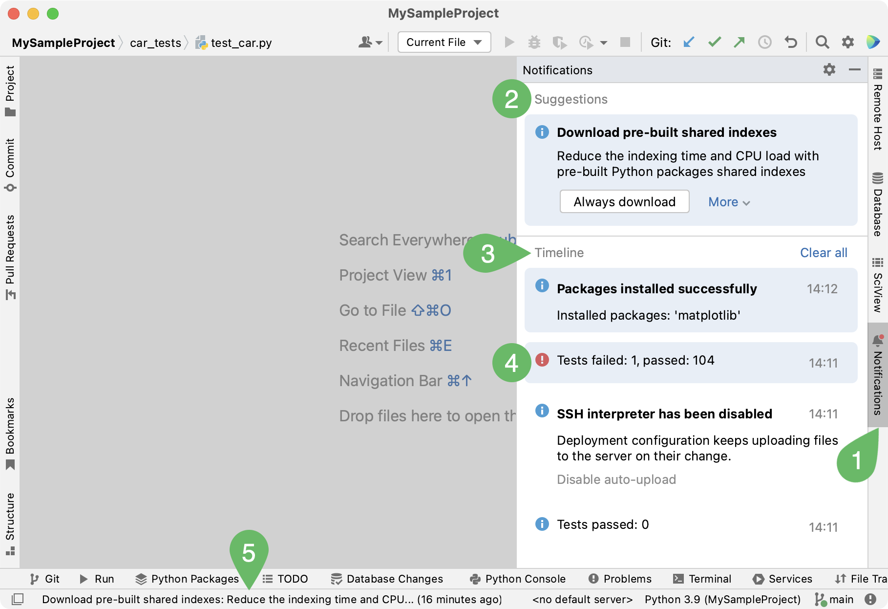 Notifications tool window in PyCharm with Suggestions and Timeline sections, showing package installation and test results Notifications tool window in PyCharm with Suggestions and Timeline sections, showing package installation and test results