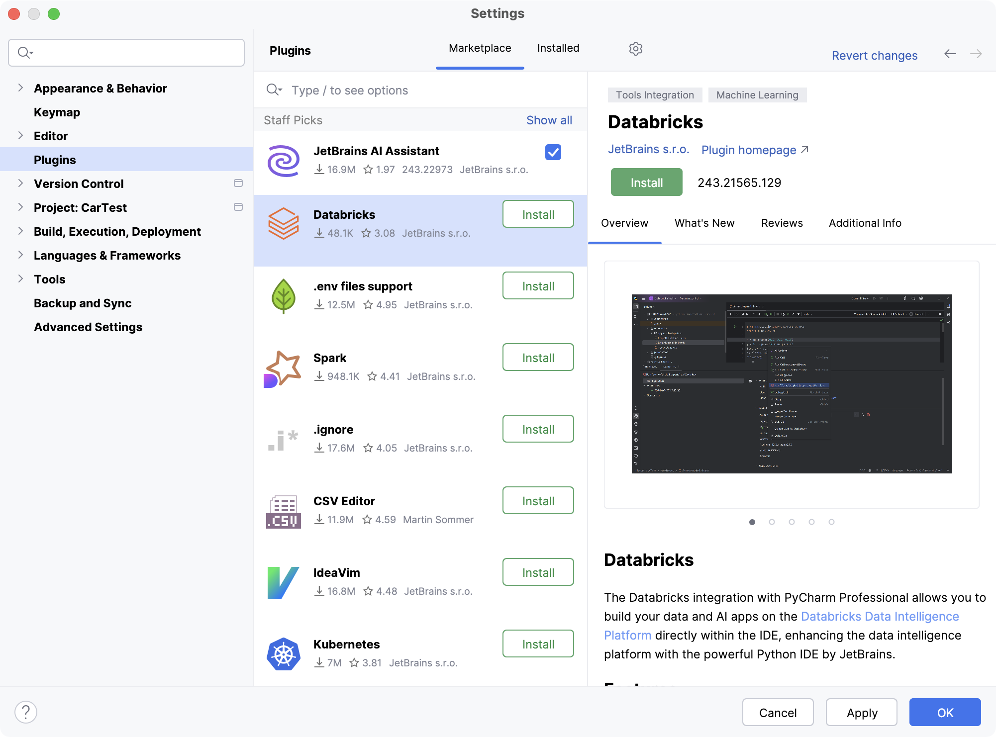 Plugins settings, Marketplace tab active with Staff Picks: JetBrains AI Assistant, Spark, Kubernetes; Databricks details visible. Plugins settings, Marketplace tab active with Staff Picks: JetBrains AI Assistant, Spark, Kubernetes; Databricks details visible.