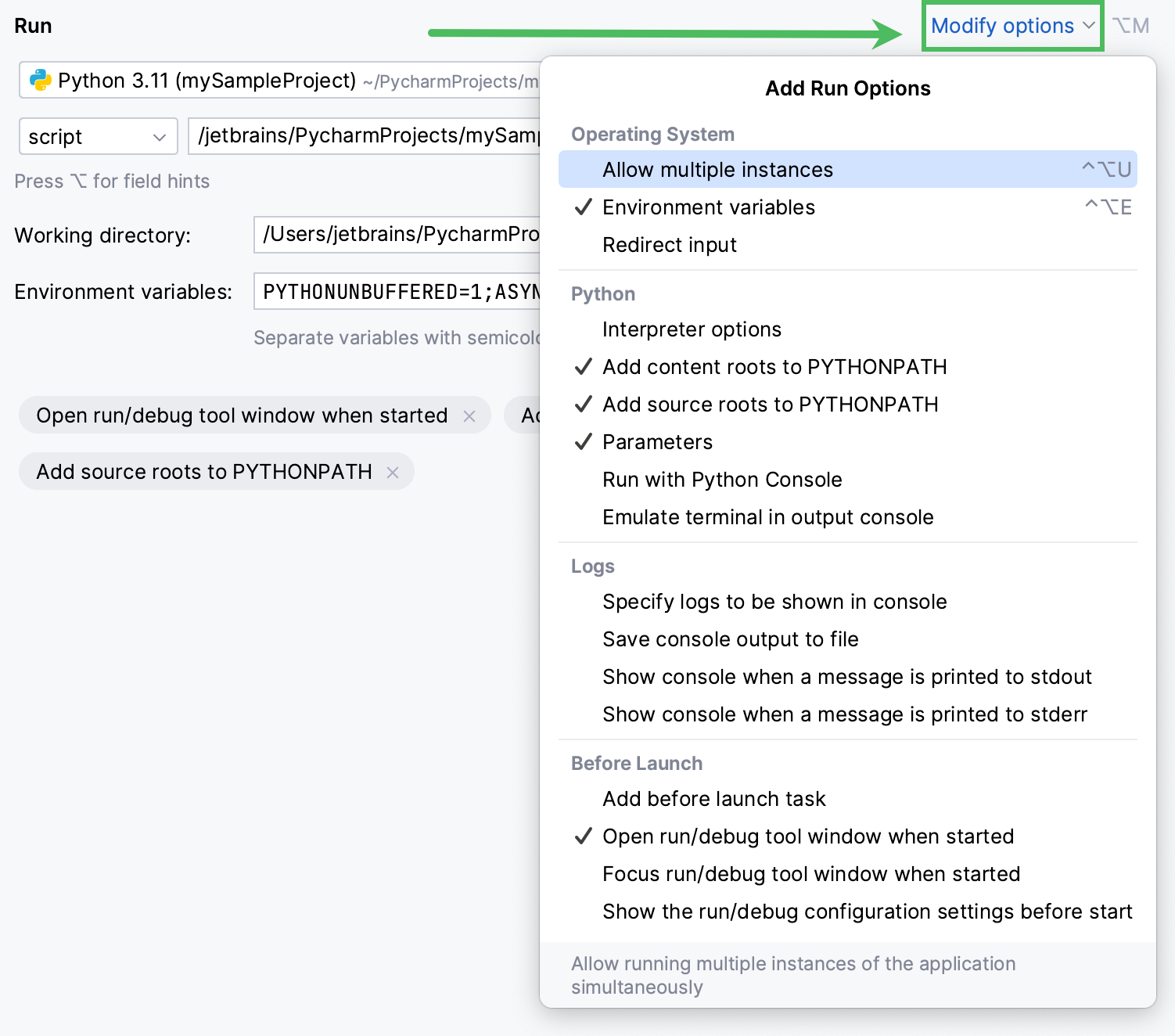 Adding an option to the run configuration Adding an option to the run configuration