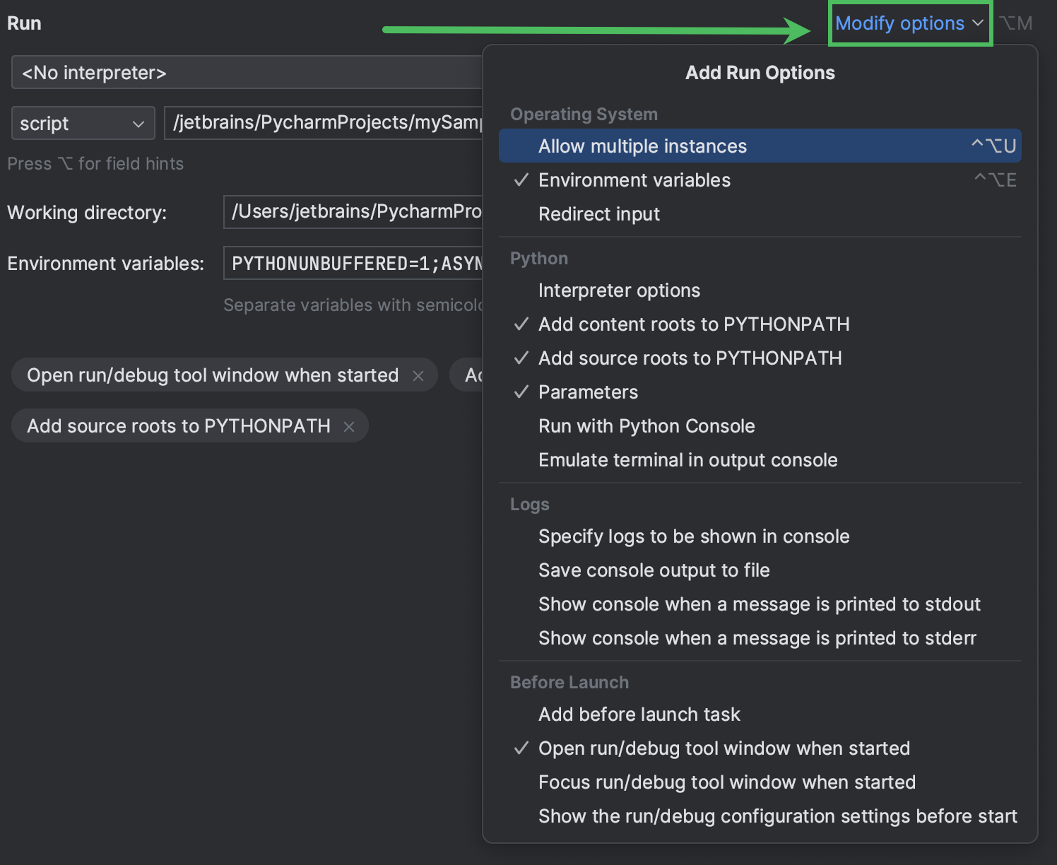 Setting log options | PyCharm Documentation