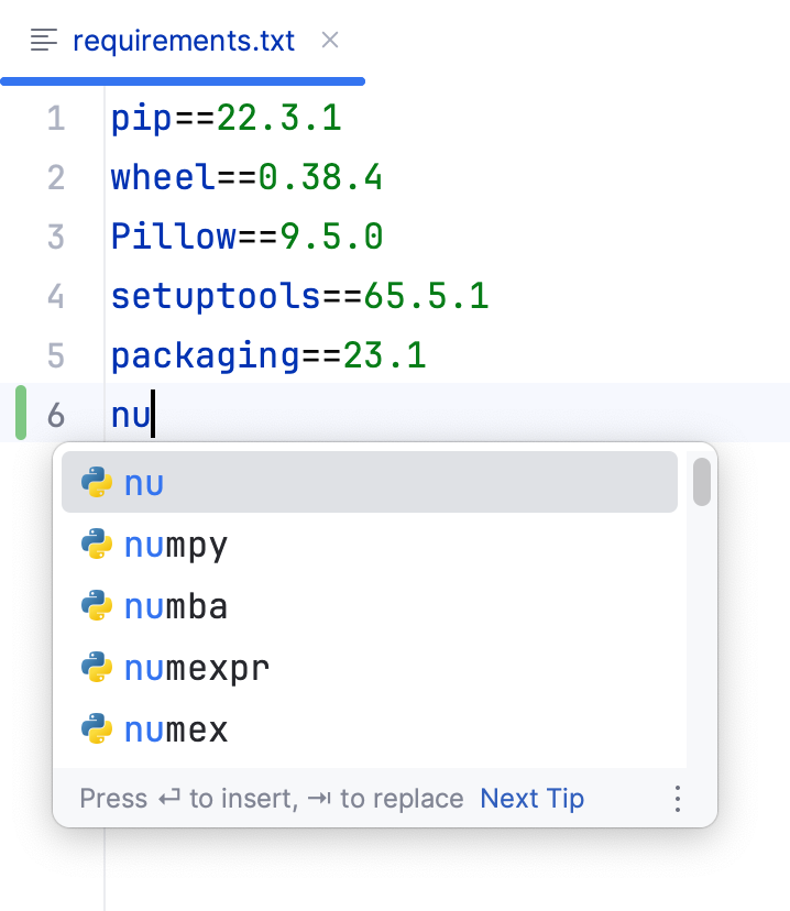 在 requirements.txt 中对软件包名称进行代码补全 在 requirements.txt 中对软件包名称进行代码补全