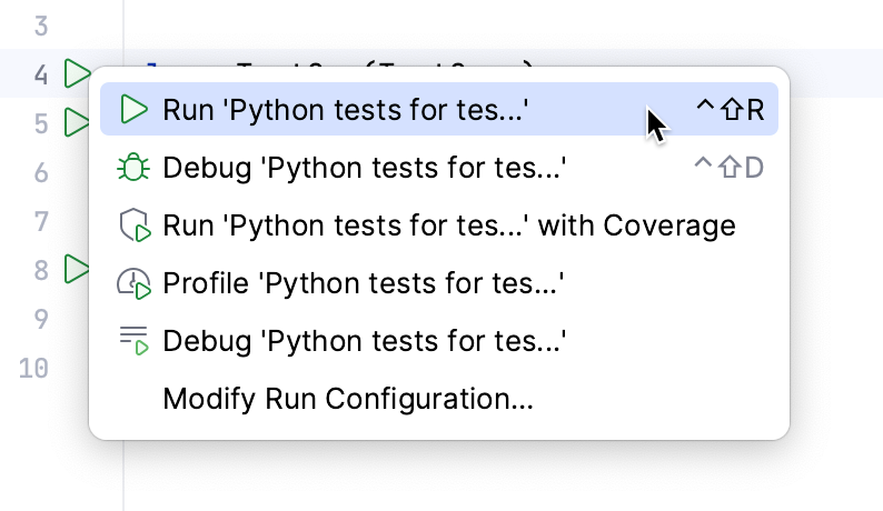 Running a test from the context menu Running a test from the context menu