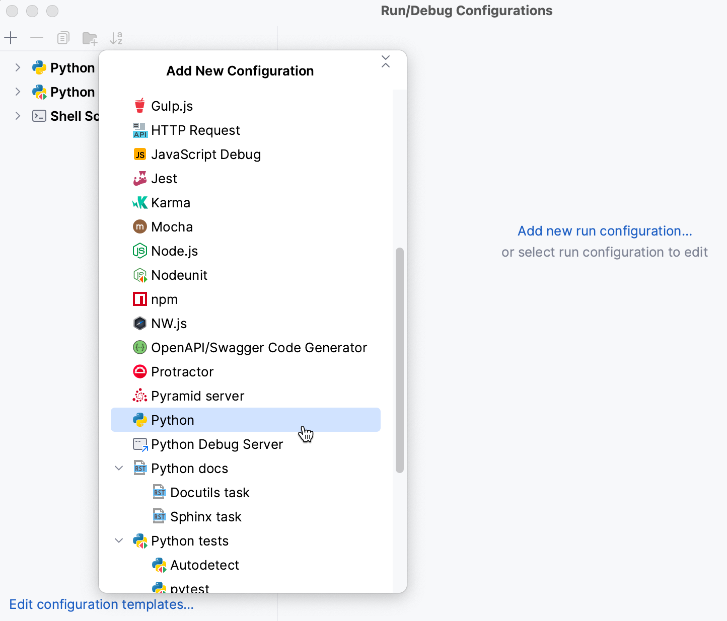Selecting a new run/debug configuration template Selecting a new run/debug configuration template