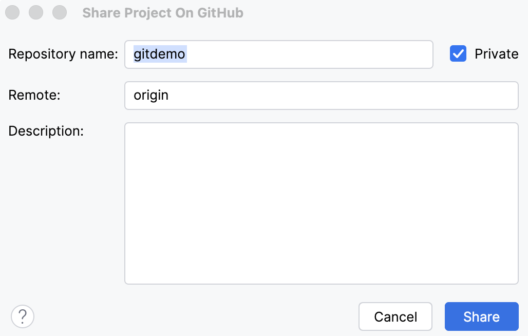The Share Project on GitHub dialog
