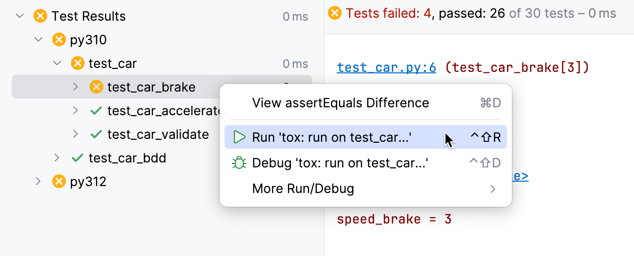 Context menu to run a tox test Context menu to run a tox test