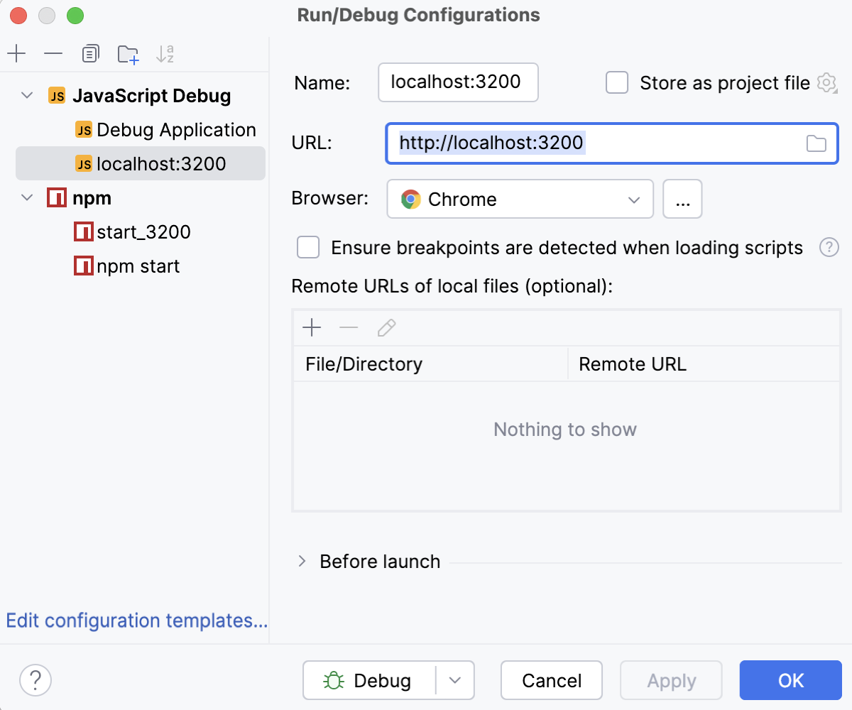 Create a JavaScript Debug configuration: specify the URL Create a JavaScript Debug configuration: specify the URL