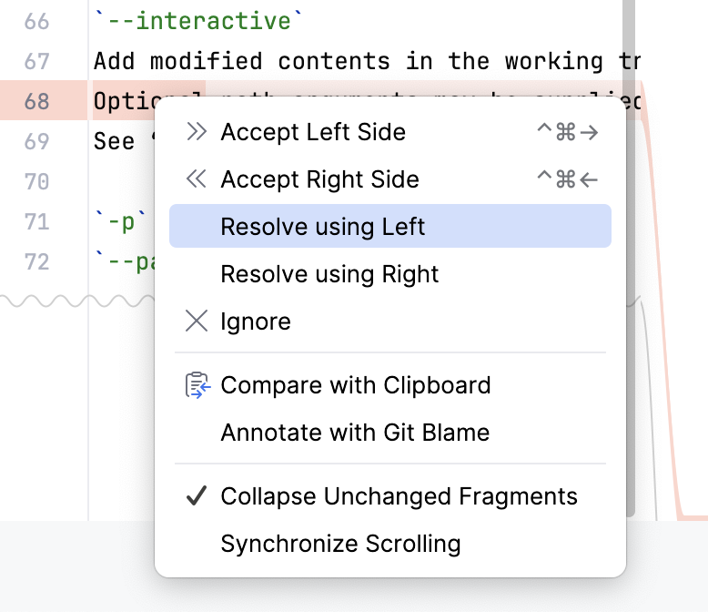 the context menu of a conflicting change the context menu of a conflicting change