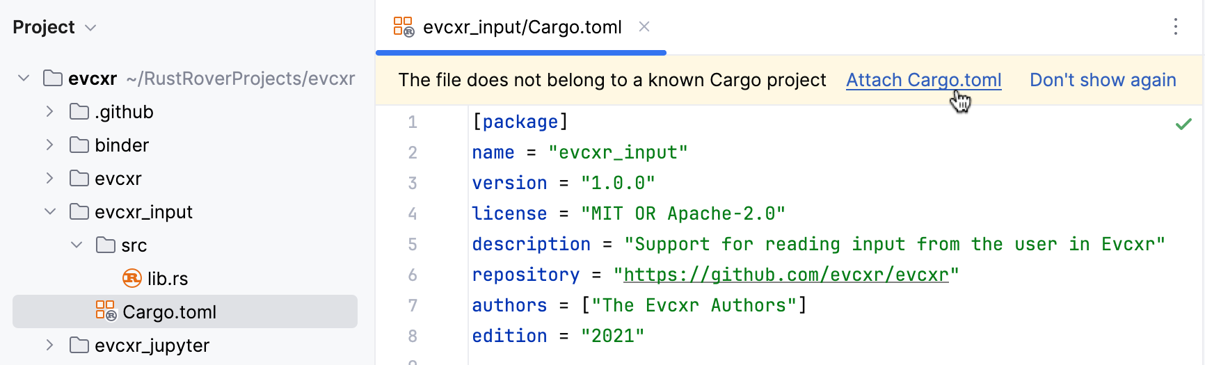 エディター通知を介して Cargo プロジェクトをアタッチする エディター通知を介して Cargo プロジェクトをアタッチする