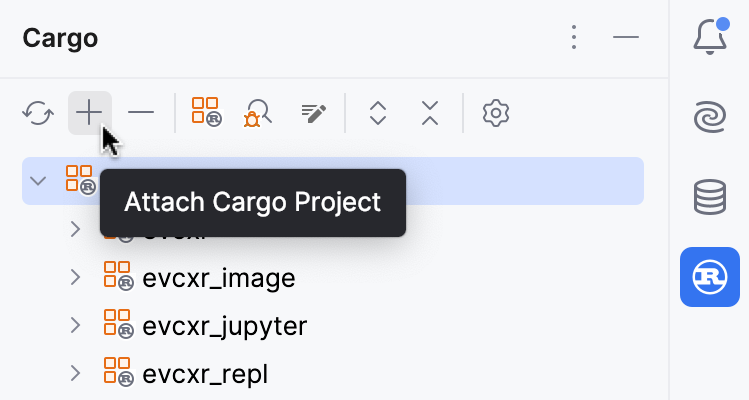 Cargo ツールウィンドウから Cargo プロジェクトをアタッチする Cargo ツールウィンドウから Cargo プロジェクトをアタッチする