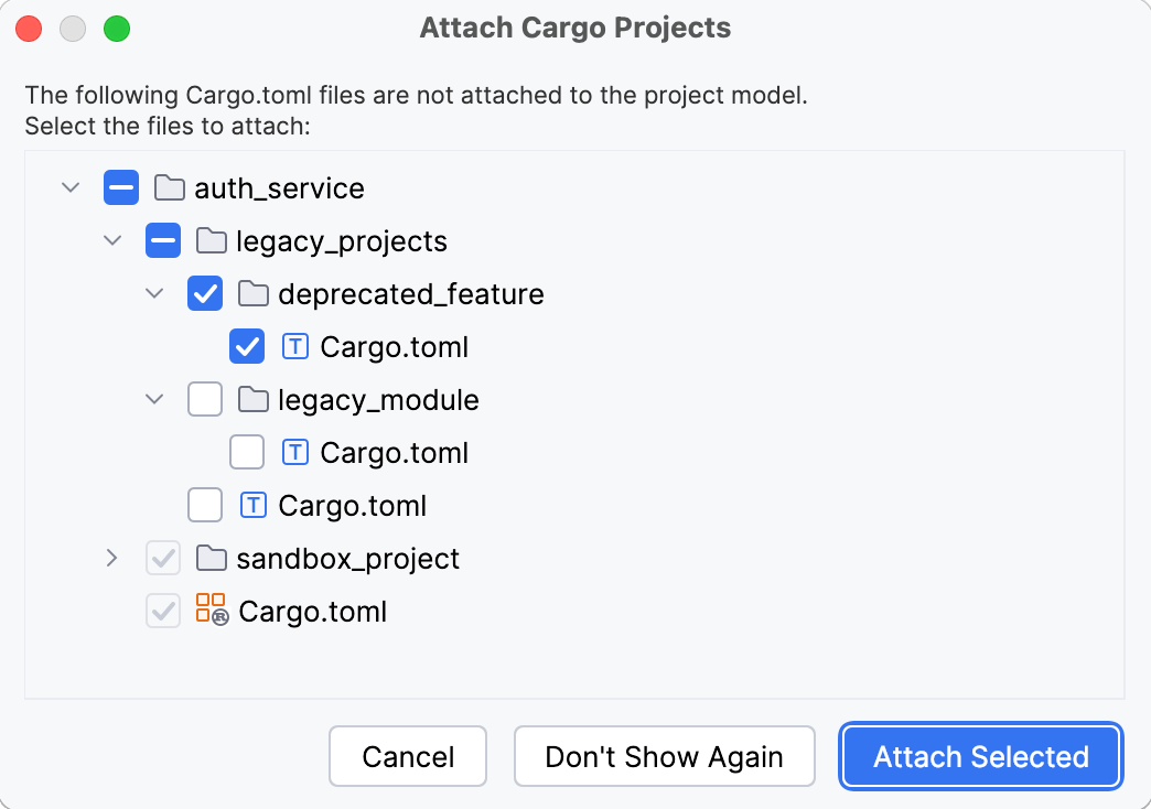 Cargo プロジェクトのアタッチを使用して Cargo プロジェクトをアタッチするダイアログ Cargo プロジェクトのアタッチを使用して Cargo プロジェクトをアタッチするダイアログ