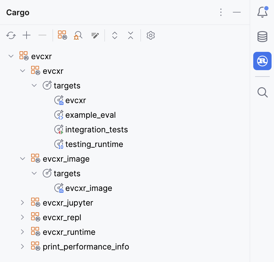 Cargo ツールウィンドウに表示された Cargo ワークスペース Cargo ツールウィンドウに表示された Cargo ワークスペース