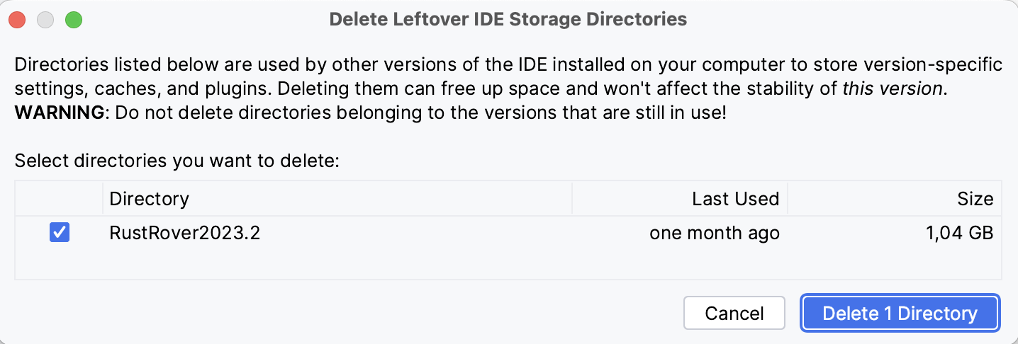 旧バージョンの IDE ディレクトリを削除ダイアログ 旧バージョンの IDE ディレクトリを削除ダイアログ