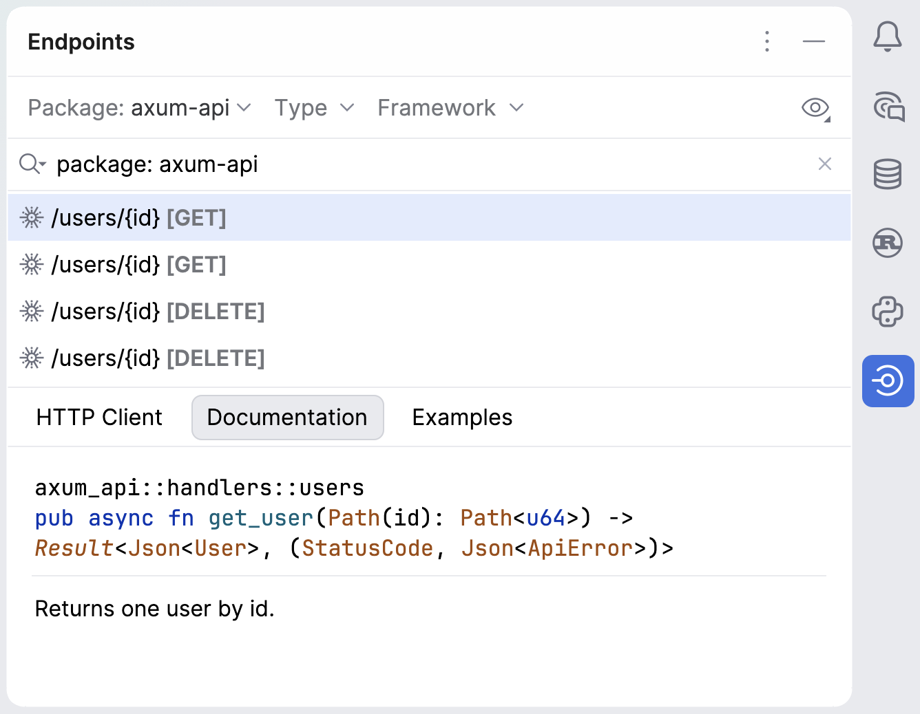 Endpoints tool window: Documentation tab
