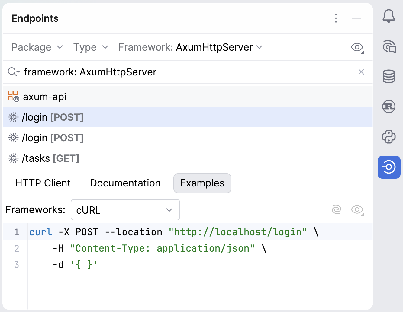 Endpoints tool window: Examples tab