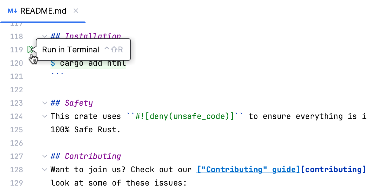 Markdown ファイルで検出されたコマンドを実行するためのガターアイコン Markdown ファイルで検出されたコマンドを実行するためのガターアイコン
