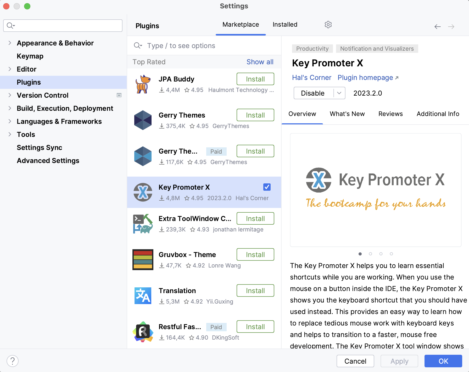 プラグイン設定、Marketplaceタブのトップレートプラグイン一覧でKey Promoter Xが選択され、その説明とインストールボタンが表示されています。