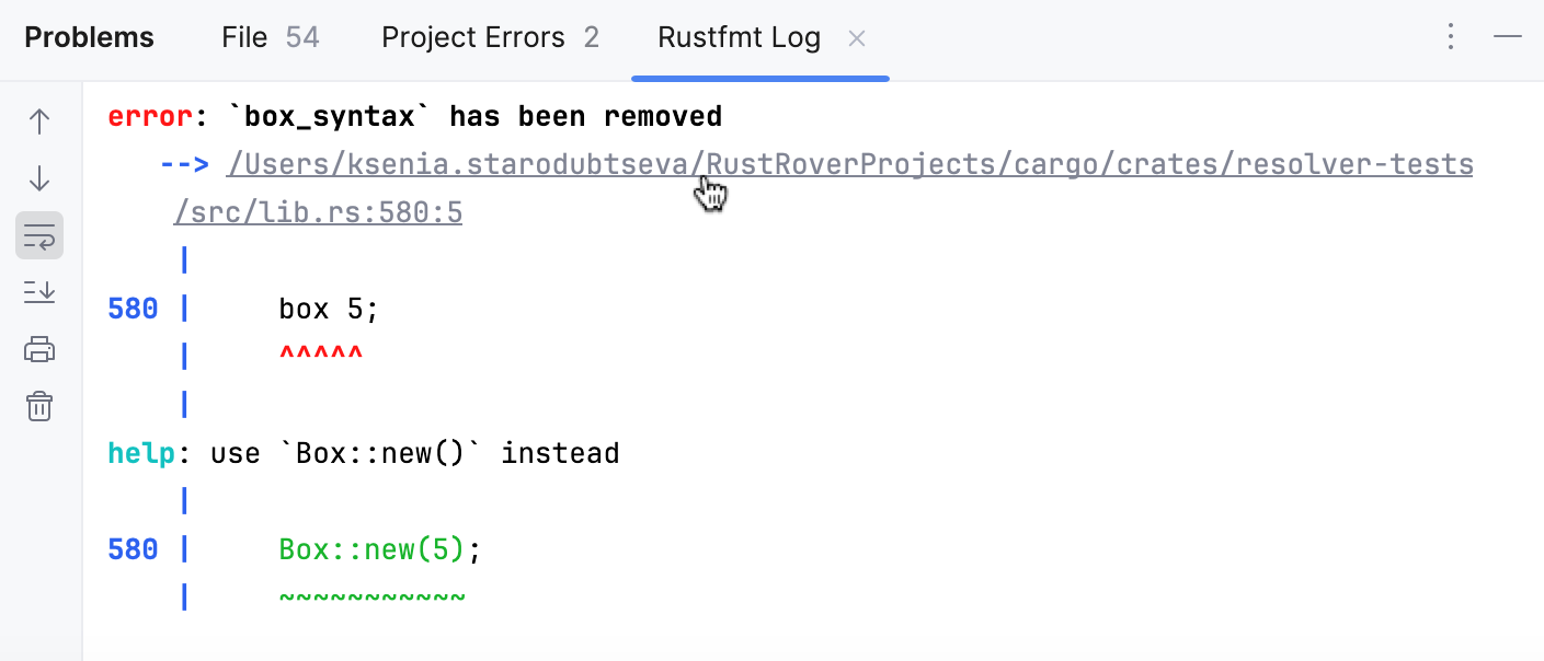 問題ツールウィンドウの Rustfmt ログタブ 問題ツールウィンドウの Rustfmt ログタブ