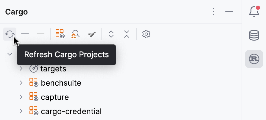 Cargo ツールウィンドウから Cargo.toml をリフレッシュする Cargo ツールウィンドウから Cargo.toml をリフレッシュする