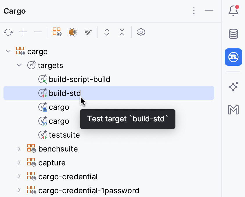 Cargo ツールウィンドウからテストターゲットを実行する