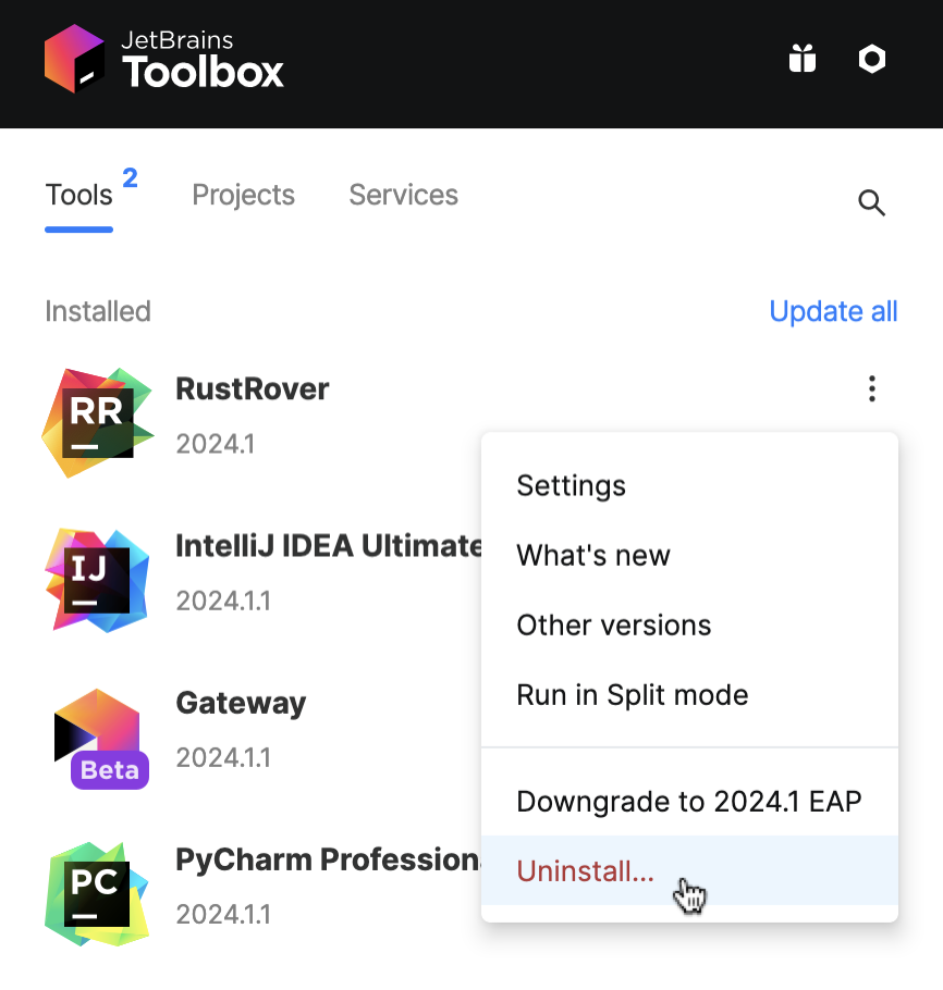 Toolbox Appを使用して RustRover をアンインストールする Toolbox Appを使用して RustRover をアンインストールする