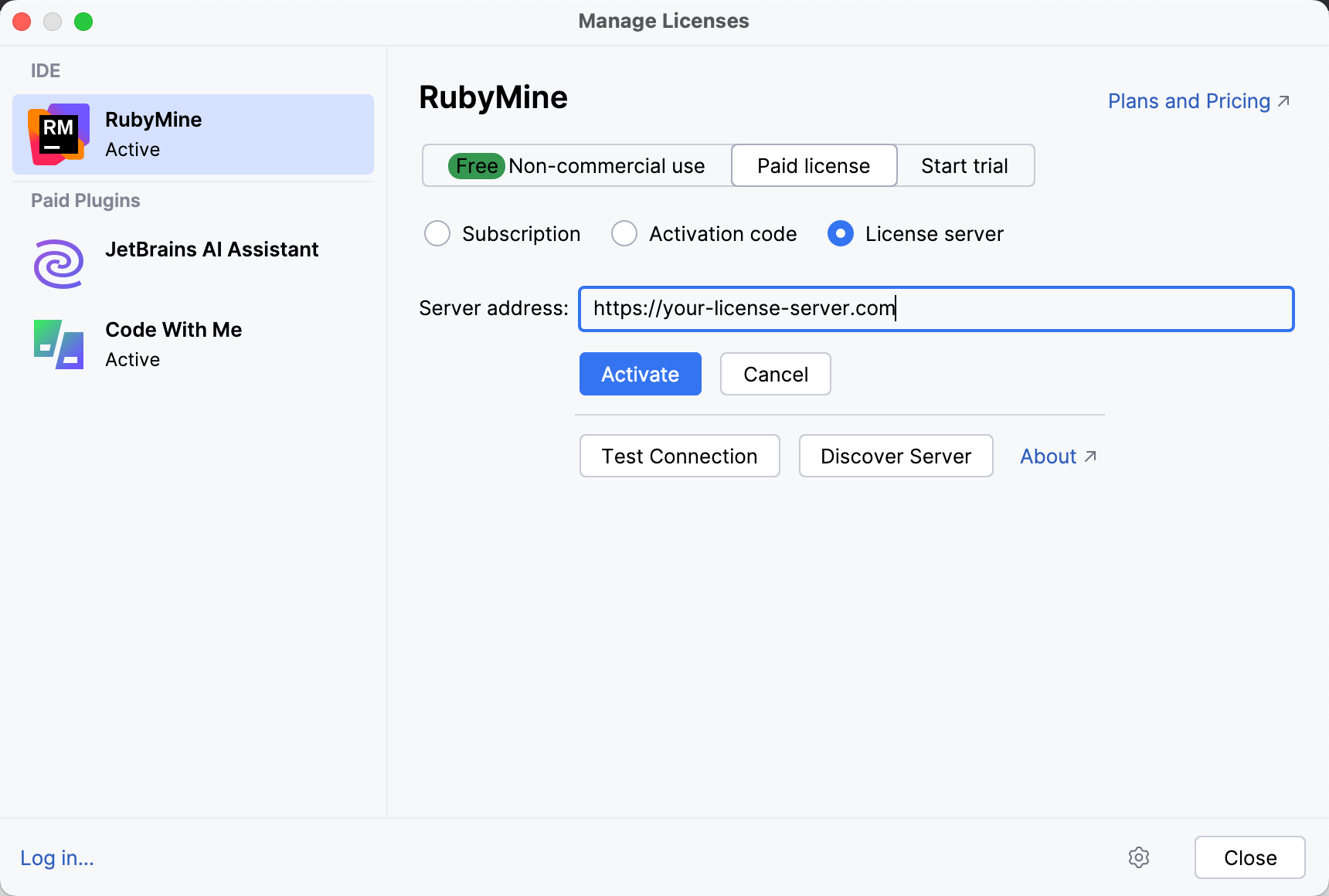 ライセンスサーバーで RubyMine ライセンスをアクティブ化する ライセンスサーバーで RubyMine ライセンスをアクティブ化する