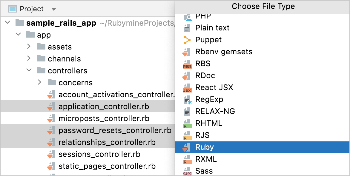 RubyMine: プロジェクトツールウィンドウからファイルの種類を変更する RubyMine: プロジェクトツールウィンドウからファイルの種類を変更する