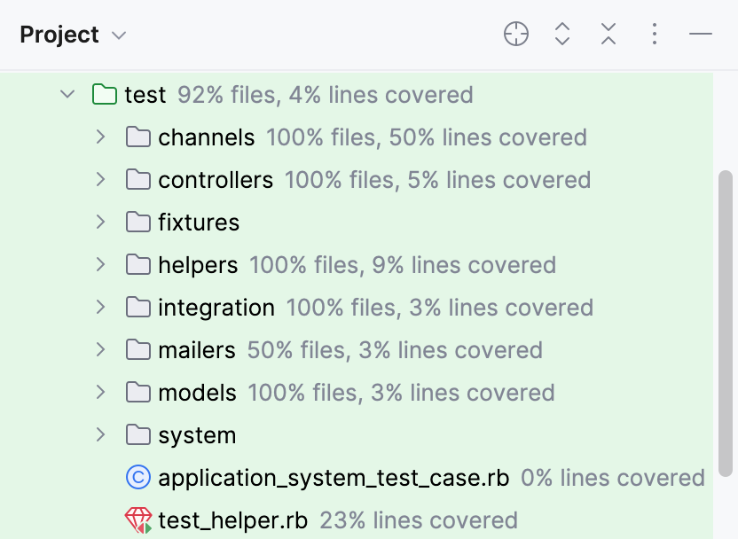 Coverage results in the Project view Coverage results in the Project view