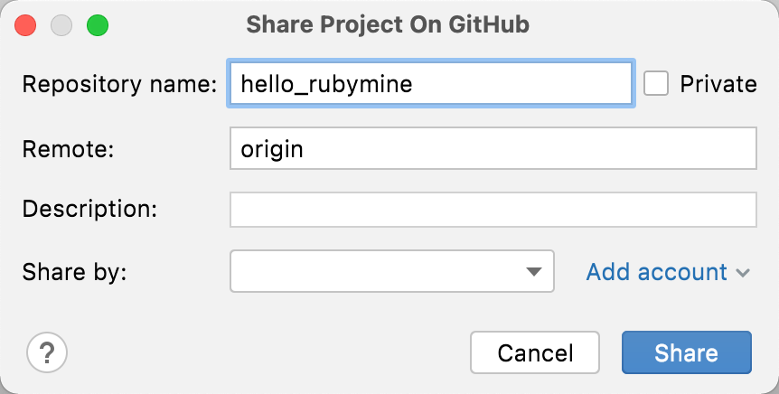 GitHub でプロジェクトを共有ダイアログ
