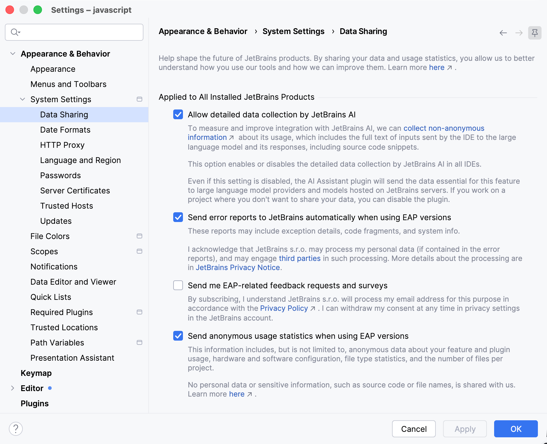 Data Sharing dialog in the EAP version Data Sharing dialog in the EAP version