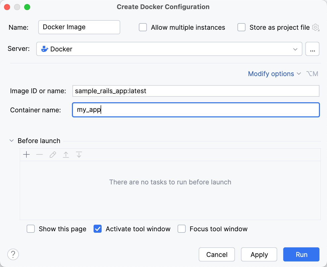 Docker 構成の作成ダイアログ Docker 構成の作成ダイアログ