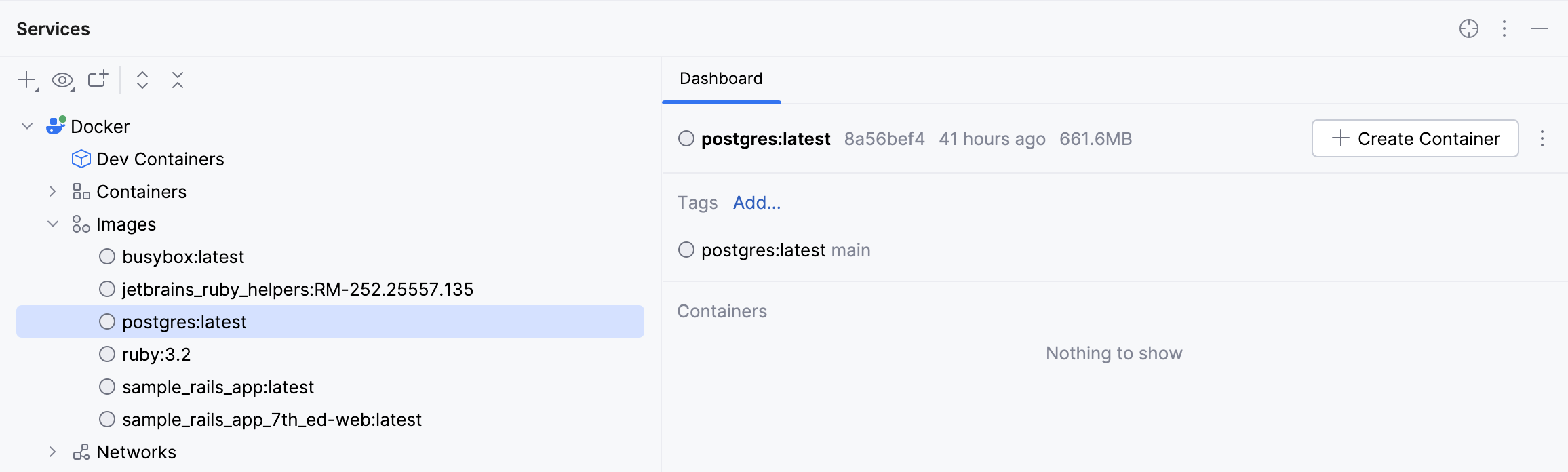 PostgreSQL イメージを選択し、コンテナーの作成をクリックする PostgreSQL イメージを選択し、コンテナーの作成をクリックする