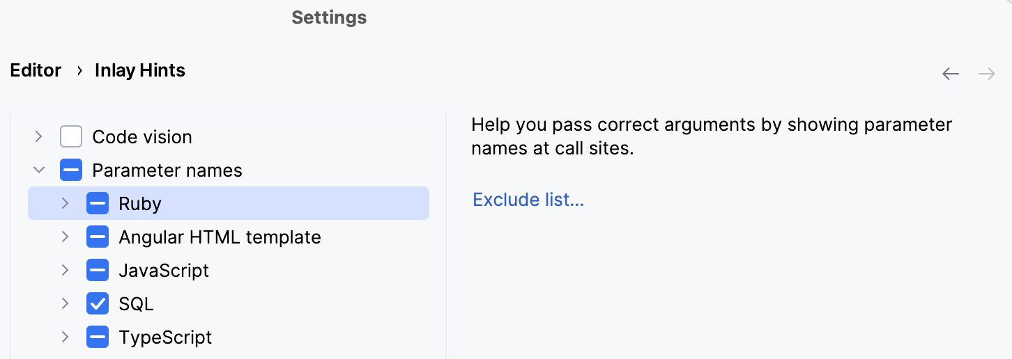 Configure the parameter hints exception list Configure the parameter hints exception list