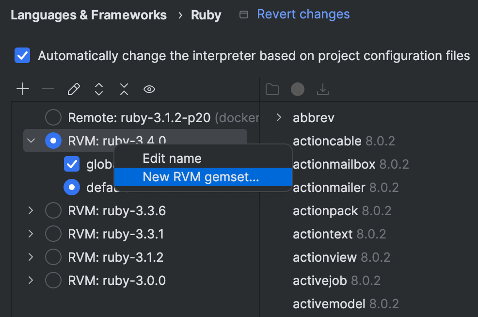 Ruby interpreter gemsets | RubyMine Documentation
