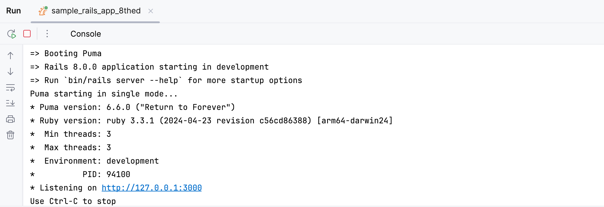 Run tool window / run Rails application