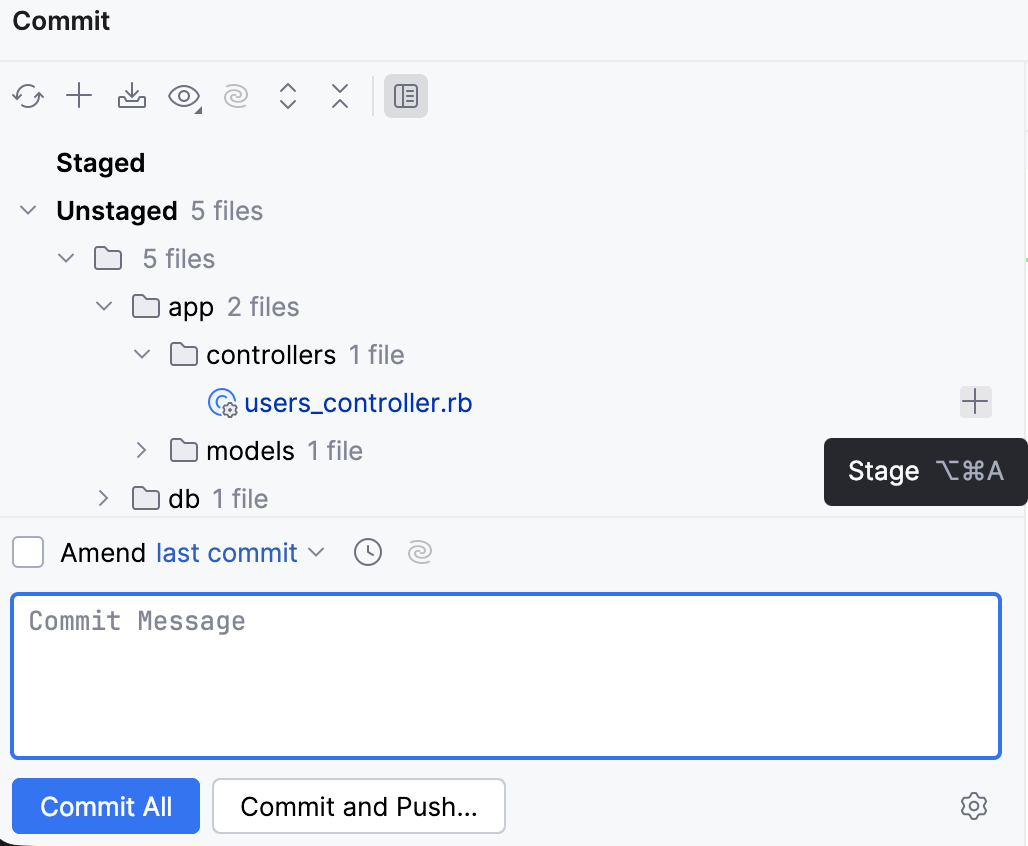 Stage from the Commit tool window Stage from the Commit tool window