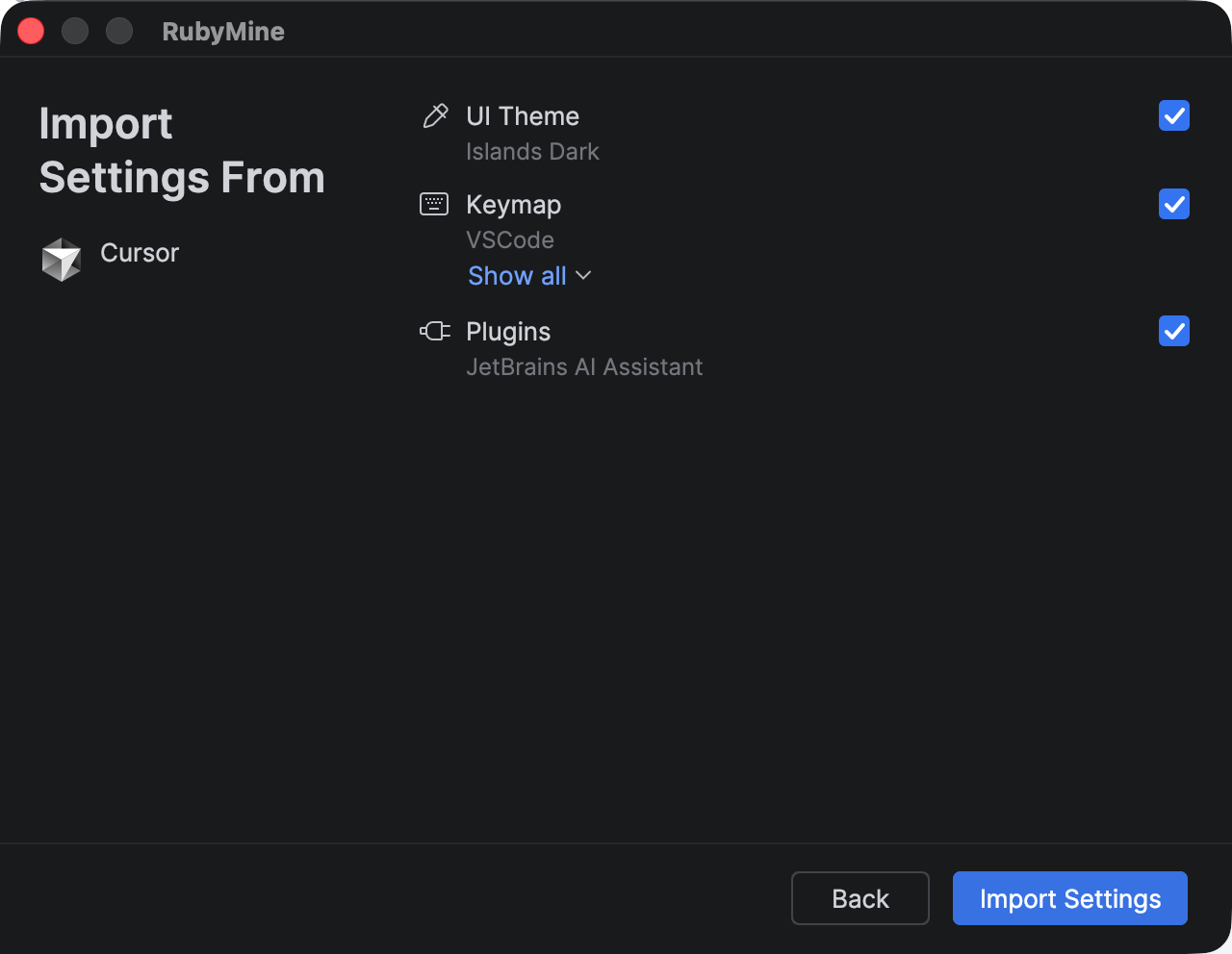 Cursor settings selection