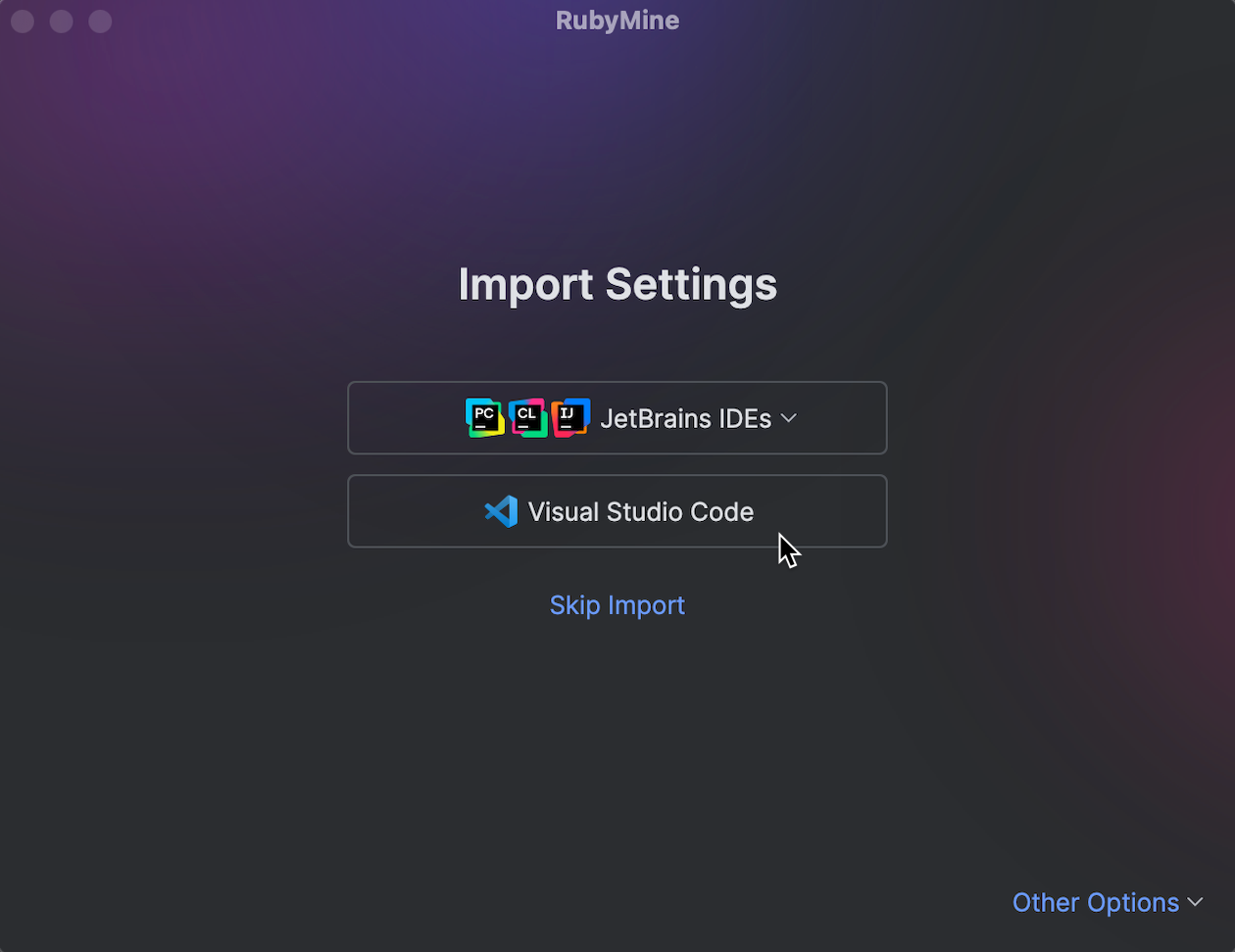 Visual Studio Code ボタンにカーソルを置いたインポート設定ダイアログ Visual Studio Code ボタンにカーソルを置いたインポート設定ダイアログ