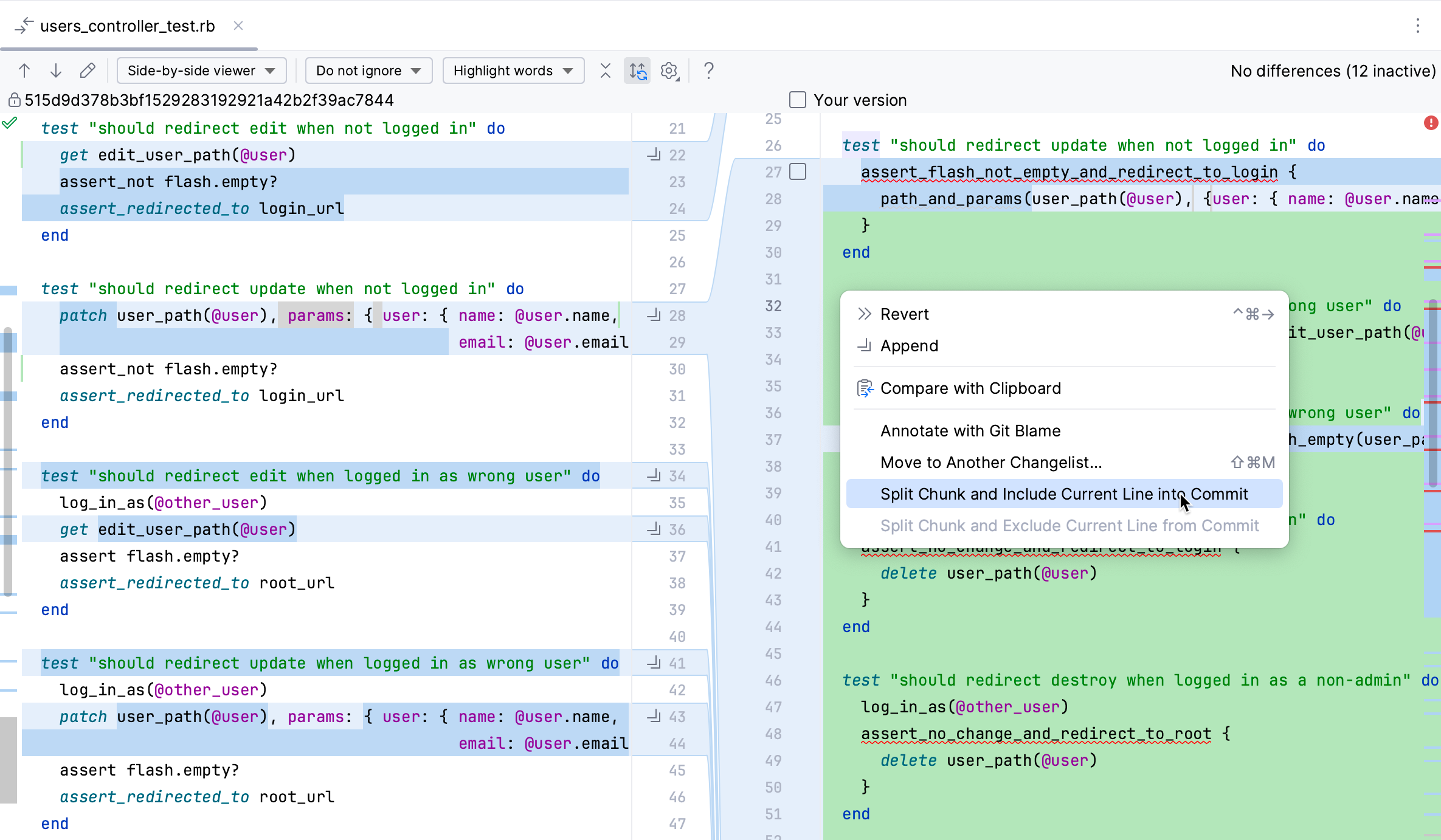 RubyMine: An option to include the current line in commit in the context menu RubyMine: An option to include the current line in commit in the context menu