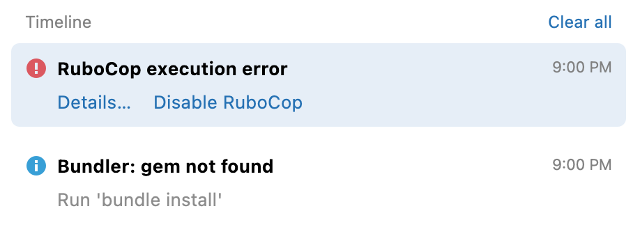 タイムライン領域に、RuboCop 実行エラーの詳細リンクと Bundler gem が見つからないという通知が表示されます。